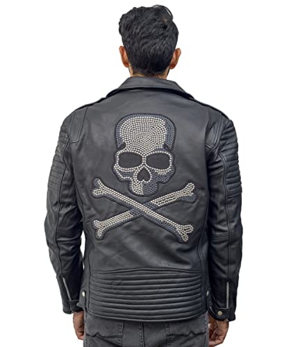 Mens Skull Leather Motorcycle Real Leather Black Biker Jacket