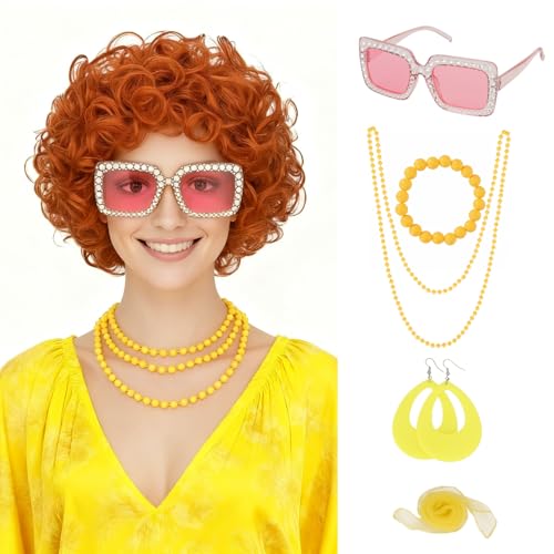S-noilite Mrs Roper Wig,Short Orange Curly Wig for Women Halloween Cosplay with Yellow Accessories 7pcs Set (Glasses, Scarf, Long Necklace, Bracelet, Earrings, Hairnet)