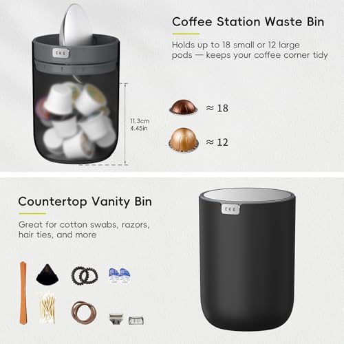 Image of EKO Fandy 0.58 Gal /2.2L Mini Trash Can with Lid, Swing-Top Desktop Trash Can for Bathroom, Countertop, Vanity, Desk or Office, Small Garbage Bin (Black)