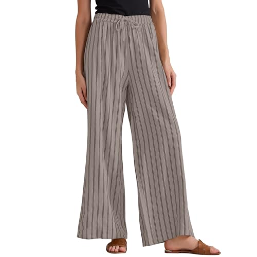 Ladies Wide Leg Flowy Pants Loose Comfortable Casual Fashionable Striped Cotton and Linen Pants with Pockets
