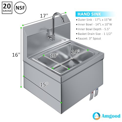 Image of Hands-Free Wall-Mounted Stainless Steel Hand Sink, 17 in x 15 in, with Double Knee Valves and Faucet