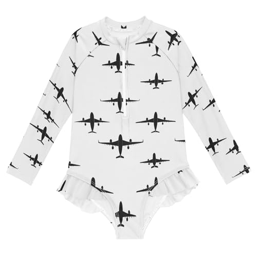 ALAZA Toddler Swimsuit Girl Bathing Suit Swimwear Rash Guard Airplane Silhouette Long Sleeve 3T