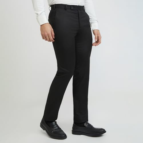 Image of Raymond Men Mid Rise Slim Fit Solid Pattern Poly Viscose Blend Flat Front Formal Trouser