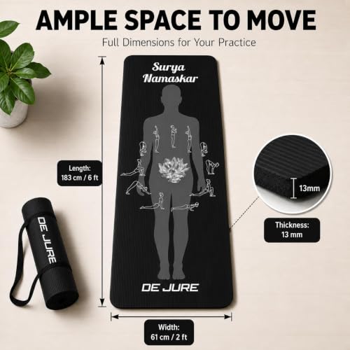Image of De Jure Fitness Yoga Mat for Women and Men, 13mm Extra Thick Non-Slip NBR Exercise Mat for Yoga, Pilates, Gym & Floor Workouts - with Carry Strap - Leo