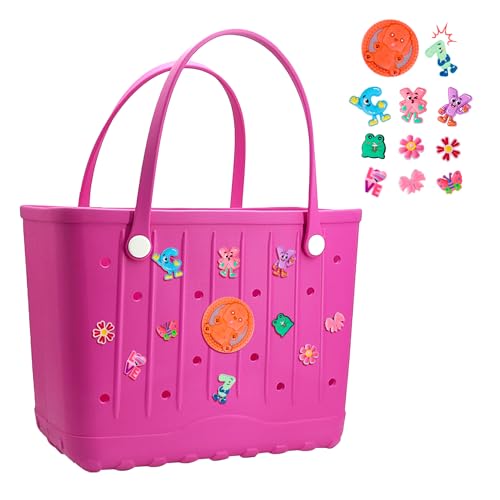 PanManner Rubber Beach Bag for Women Large Capacity Rubber Tote Bag with Charms Waterproof Travel Handbag for Daily (Rose Medium)