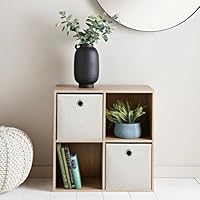 Homme Concept – 4 Cube Storage with 2 baskets, Oak effect Living Room Bookcases and Shelving Unit, Kids Bookcases, Free Standing Wooden Bookcase, Storage Organiser, BookShelf.