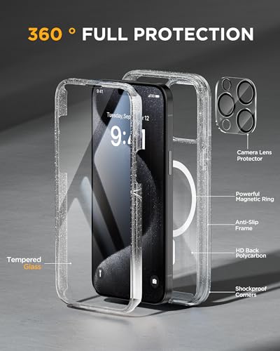 Image of Miracase Magnetic for iPhone 15 Pro Max Case 6.7'' [Compatible with Magsafe] Full-Body Drop Proof Phone Case for iPhone 15 Pro Max with Built-in 9H Tempered Glass Screen Protector,Clear Glitter