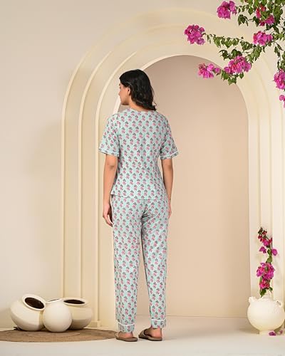 Image of KANNAHI Pure Cotton Paisley Jaipuri Printed Women Night Suit Top & Pyjama Set for Girls & Womens