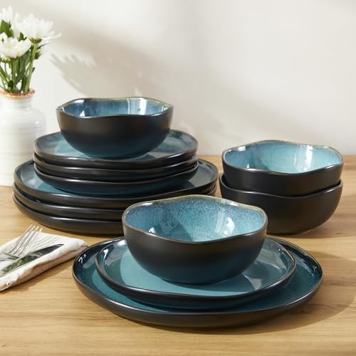 Image of Pokini Stoneware Dinnerware Sets, Kitchen Plates and Bowls Set, Ceramic Dish Set for 4, Modern Chip & Scratch Resistant Dishware Sets, Durable Reactive Glaze Dinner Set, Green Black