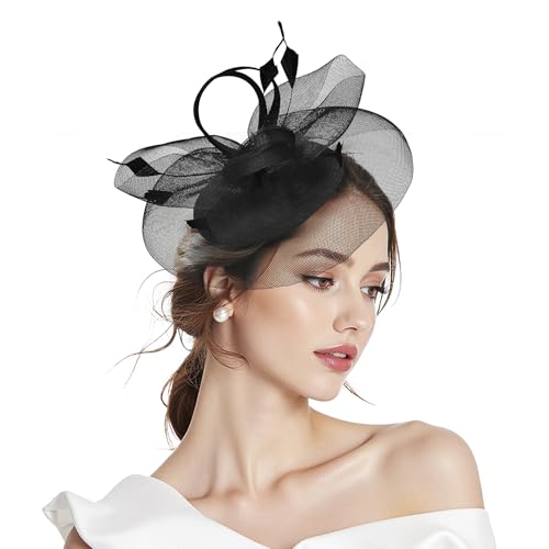 Zando Black Fascinators for Women Black Fascinator for Weddings 2-in-1 Headband Hat with Clip Elegant Hair Accessories for Mother of the Bride & Guest Outfits Royal Ascot Ladies Day & Tea Party