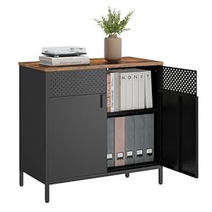 SONGMICS Storage Cabinet, Metal Cabinet, Sideboard with 2 Doors, 15.7 x 31.5 x 29.9 Inches, Magnetic Closure, Adjustable Shelf, Steel Frame, Rustic Brown and Black ULSC102B01