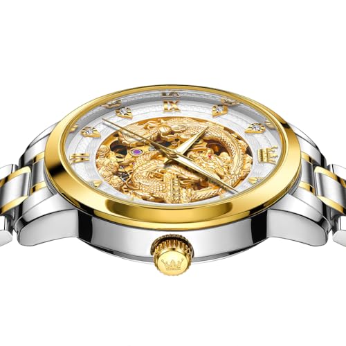 Image of OLEVS Dragon Skeleton Mens Automatic Watch 42MM Large Dial Gold Luxury Self-Winding Diamond Waterproof Stainless Steel Business Tourbillon Mechanical Watches