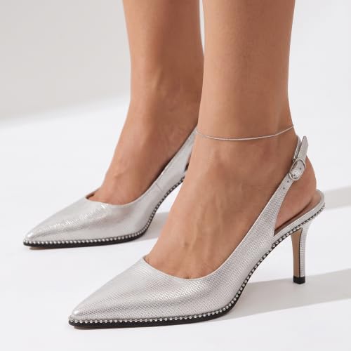 Image of YODEKS Slingback Heels for Women Pointy Toe Beaded Heels Close Toe Kitten Heel Pumps 2.5 Inch Stiletto Pumps Wedding Party Dressy Shoes