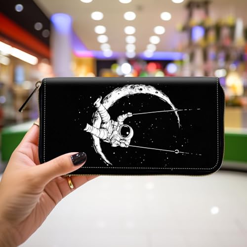 Wallet,Leather Long Wallet Suitable For Ladies And Teenagers - Detachable Wristband + RFID Travel Wallet With Card Slot - Astronaut on Moon Swing4