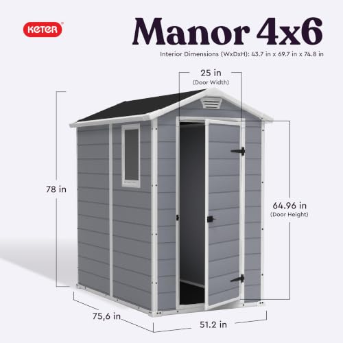 Image of Keter Manor 4x6 Resin Outdoor Storage Shed Kit-Perfect to Store Patio Furniture, Garden Tools Bike Accessories, Beach Chairs and Lawn Mower, Grey & White