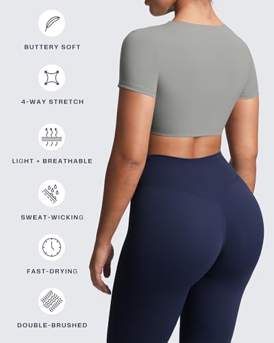 Image of Aoxjox Short Sleeve Crop Tops for Women Sienna Twist Deep V Workout Cropped T Shirt Top (Grey, Large)