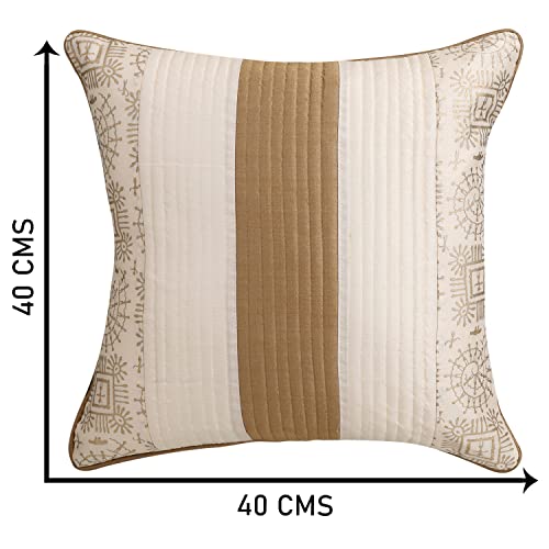 Image of Gifts Island Combo Silk Traditional Striped & Rajasthani Warli Golden Hand Printed Pillow Cushion Covers 16x16 inches Set of 5 & Round Pillow Bolster Covers Set of 2 16x32 inches (Beige)