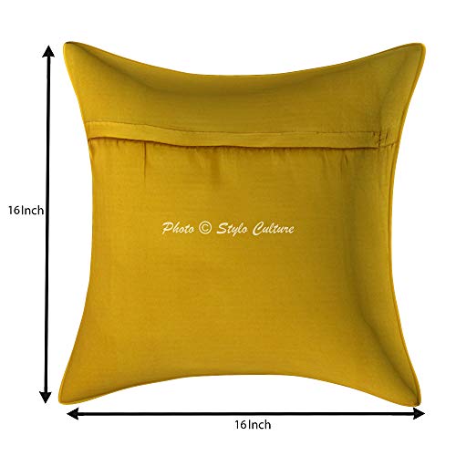 Image of Decorative Brocade Cushion Covers 16x16 Inch Banarasi Jacquard Weave Mustard Yellow & Gold Home Decor Peacock Traditional Square 40x40 cm Zippered Sofa Settee Pillowcases -Set of 5 Pcs
