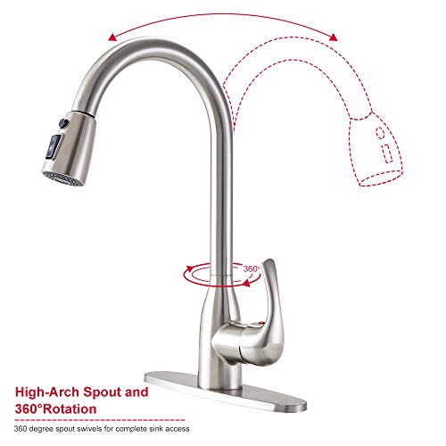 VALISY Lead-Free Modern Stainless Steel Brushed Nickel Pull Down Kitchen Sink Faucet, Single Handle 1 or 3 Hole High Arc Kitchen Faucets with Pulldown Sprayer & Deck Plate - Thumbnail 6