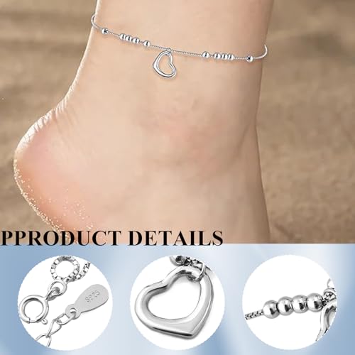 QttvbTna 925 Sterling Silver Women's Anklets, Heart Love Beaded Ankle Bracelets for Women, Sterling Silver Ankle Bracelets for Women, Adjustable Beach Foot Chain Jewelry Gift for Summer Day - Image 6