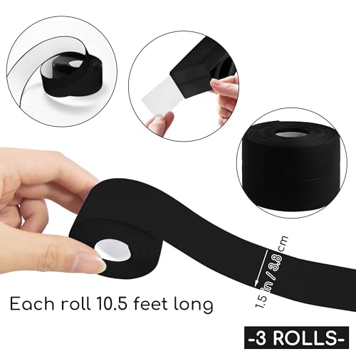 Image of 3 Rolls 1.5 Inch Caulk Tape Self Adhesive Toilet Caulking Strip Bathroom Sealing Caulk Strip Peel and Stick Bathtub Caulking Tape, 10.5 Feet Each Roll (Black)