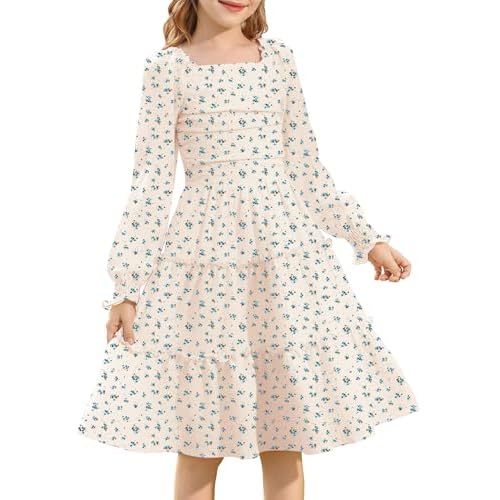 HOZIY Girls Long Sleeve Dress Ruched Smocked Tiered Ruffle A-Line Casual Boho Teen Dresses with Pocket Size 6-16 Years 13-14 Years Yellow Floral