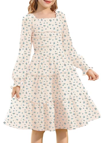HOZIY Girls Long Sleeve Dress Ruched Smocked Tiered Ruffle A-Line Casual Boho Teen Dresses with Pocket Size 6-16 Years