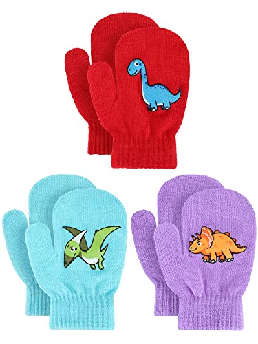 Image of Geyoga 3 Pairs Kids Mittens Winter Stretchy Knit Gloves Winter Dinosaur Full Finger Toddler Mittens for Boys Girls
