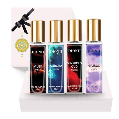 Image of Dionii Eau De Parfum Rakhi Gift Set for Unisex | MUSK, AURORA, SENSUOUS OUD, NIMBUS Perfume | Long Lasting Fragrance (4 x 20ml Each)