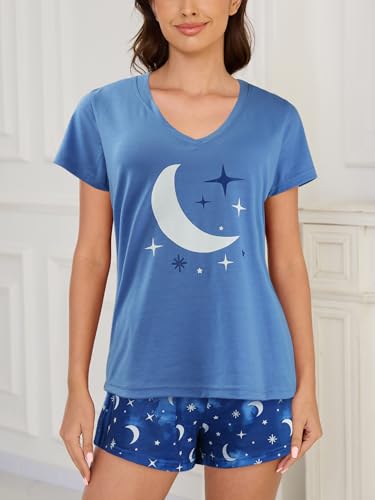 Image of VENTELAN Pajama Set For Women Cute PJS Summer Short Sleeve Shorts Sleepwear
