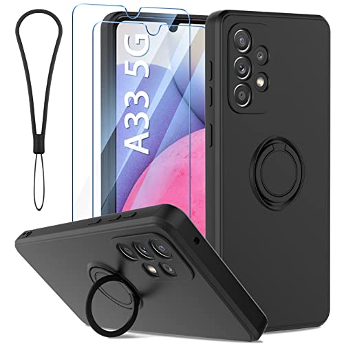 Qasyfanc Coque Protection Caméra Compatible avec Samsung Galaxy A33 5G avec Support de Bague et 2 Pièces Verre Trempé, Housse de Haute Qualité Silicone Mince, Noir Cover
