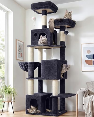 Globlazer Cat Tree Tall, 71 inches Cat Tower for Indoor Adult Cats Multi-Level 3 Condos for Indoor Cats XL Cat Tree Tower with Scratching Posts, Soft Extra Large Hanging Basket, F71, Dark Gray