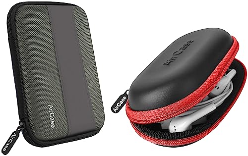 Image of AirCase AP-HDC External Hard Drive Case for 2.5-Inch Hard Drive (Gray) & C41- Earphone Case Pouch & Travel Organizer for Earphone, Pen Drives, Memory Card, Data Cable (Red Zip)