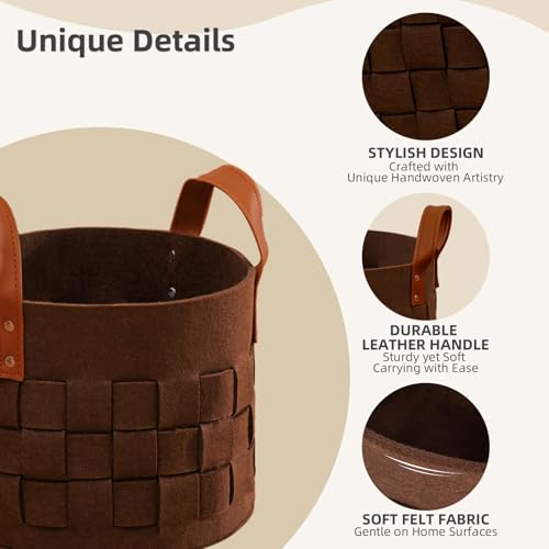 Image of BOLDMONKEY Storage Baskets for Shelves 3 Pack, Medium 11 inch x11 inch x9.5 inch Round Decorative Storage Basket Felt with Leather Handle, Soft Clothes Basket for Socks, Neckties Organizer-Brown