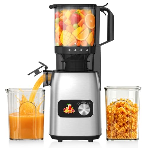 Juicer Machines, Cold Press Juicer for Fruits & Vegetables, Rotary Knob Slow Juicer with Anti-Clog Reverse Function, BPA-Free Detachable Accessories, 2 Large Capacity Collection Cups