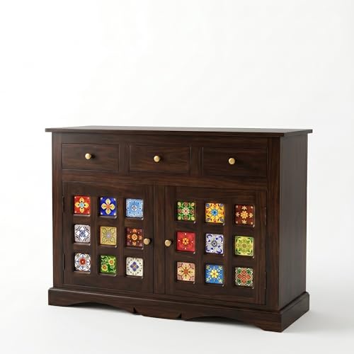 Image of SONA ART & CRAFTS Mini Tile Solid Sheesham Wood Sideboard Cabinet Storage Organizer with 2 Door & 3 Drawer Cabinet for Home Living Room & Bedroom Multi Shelves Cabinets Hallway Dinning (Walnut Finish)