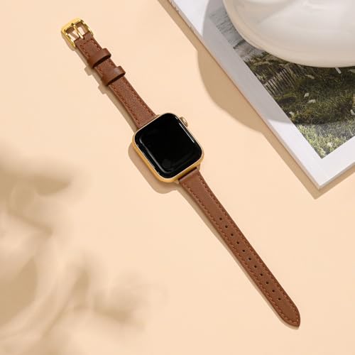 Image of STIROLL Slim Leather Bands Compatible with Apple Watch Band 38mm 40mm 41mm 42mm(Series 11 10), Top Grain Leather Watch Thin Wristband for iWatch SE 9 8 7 6 5 4 3 2 1 (Brown Gold)