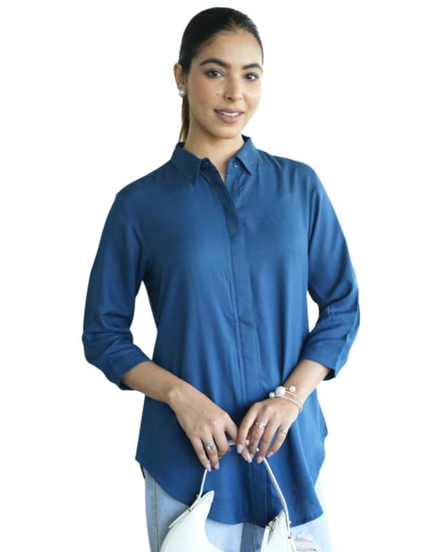 Image of Mlada Hemline Solid Shirts for Women | 3 /4 Sleeves Classic Rayon Shirt for Office Wear | Collared Neck Shirt for Girls | Regular Fit Shirts | Smart Formal Button Down Shirt for Women