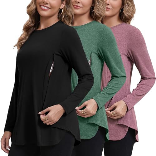 Image of GINKANA 3 Packs Women's Nursing Shirts Long Sleeve Hidden Zipper Breastfeeding Pumping Tops Side Split Maternity Clothes