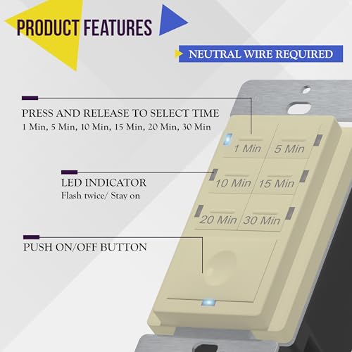Image of ENERLITES Countdown Timer Switch for bathroom fans and household lights, 1-5-10-15-20-30 Min Settings with Manual Override, Always On Blue LED, Neutral Wire Required, UL Listed, HET06A-R-I, Ivory | UL Listed, 1-5-10-15-20-30 Min, for Bathroom Exhaust Fans, Lights, LED Indicator, 120VAC 800W, Energy Saving