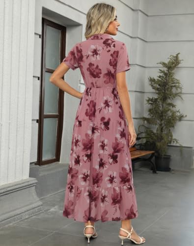 Image of Kranda Women 2026 Summer Collared V Neck Short Sleeve Button Down Chiffon Long Tiered Floral Maxi Dress with Pockets