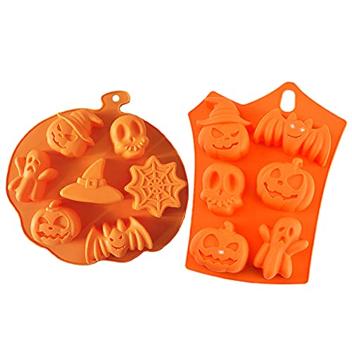 HAOSHICS Lot de 2 moules à gâteau en silicone pour Halloween, 6 à 7 cavités en forme de citrouille, tête de mort, fantôme pour gâteaux, biscuits, fête d'Halloween (orange) Cover
