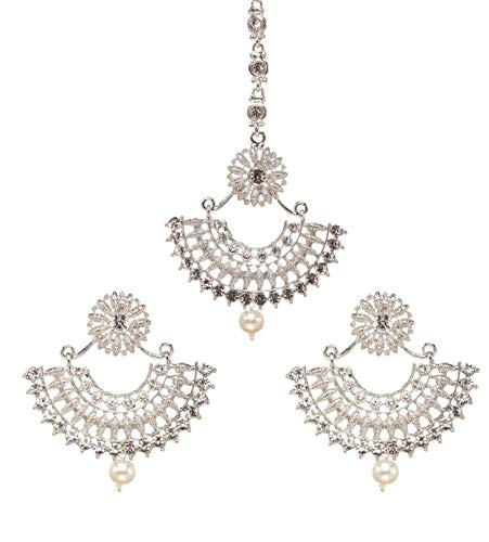 Bindhani Indian Bollywood Hair Accessories Maang Tika Headpiece Bridal Bridesmaid Wedding Traditional Bahubali Style Chandbali Kundan Earrings Mang Tikka Jewelry For Women