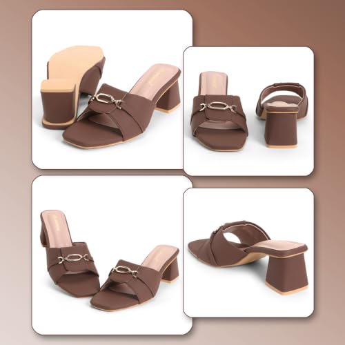 Image of Women's Block Heel Mule Sandals | Stylish Slip-On Heels with Metal Chain Detail | Cushioned Footbed | Square Toe Fashion Slides for Party, Office & Casual Wear