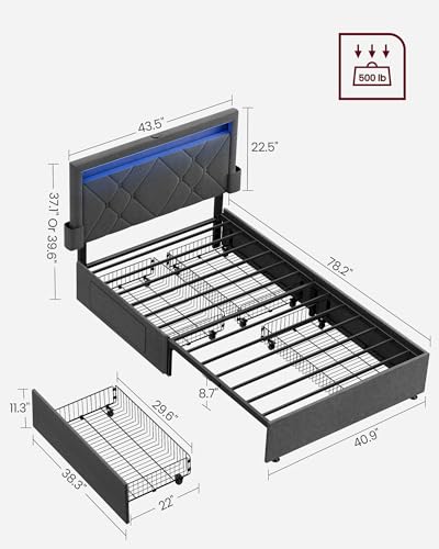 Image of VASAGLE LED Bed Frame Twin Size, Twin Bed with Headboard and 4 Drawers, 1 USB Port and 1 Type C Port, Adjustable Upholstered Headboard 37.1 /39.6 Inches, No Box Spring Needed, Dark Gray URMB823G71