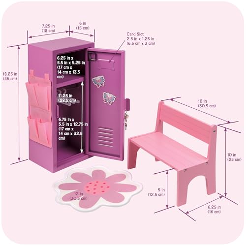 Image of Badger Basket School-Style Single Doll Locker Set with Bench, Rug, and Accessories - Purple and Pink Design for 18-Inch Dolls