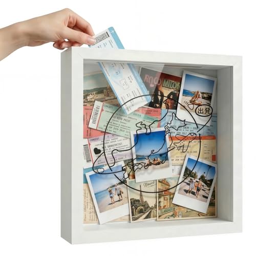 チケットボックス シャドウボックス 思い出 フレーム 日本地図 飛行機 出発 デザイン スロット付き 立体額 卓上 壁掛け 木製 チケット 収納 写真 記念品 (粘着ドット付き 日本語説明書付き) (ホワイト, M 22CM*22CM)