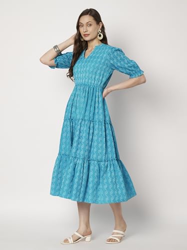 Image of Dress for Women | One Piece for Women | Long Stylish Women Dress Fit & Flare Maxi Dress, Cotton Summer Calf Length Dress