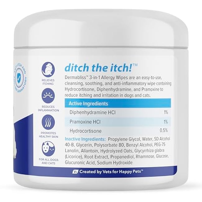 Vetnique Dermabliss 3-in-1 Medicated Dog Wipes - Relief for Itchy Skin, Allergies & Odor Control, Gentle No-Sting Formula, Antihistamine & Hydrocortisone Paw Wipes for Dogs & Cats 50 Count-sPYRsQHE