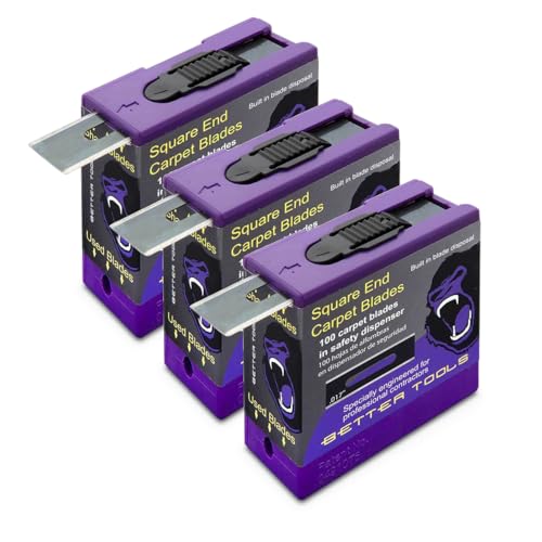 Better Tools 3G Extreme Square End Carpet Blade - 3 Pack - 100 blades/Pack - Professional 0.01 Thick Steel Replacement Blades with Safety Dispenser for Carpet Knives